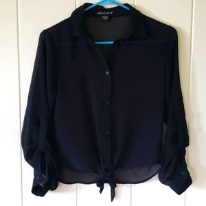 Womens American Dream Black Roll Tab Sleeve Button Down w Tie Front Hem S